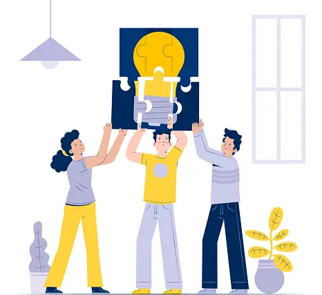 Team collaboration illustration showing people connecting puzzle pieces to build a lightbulb